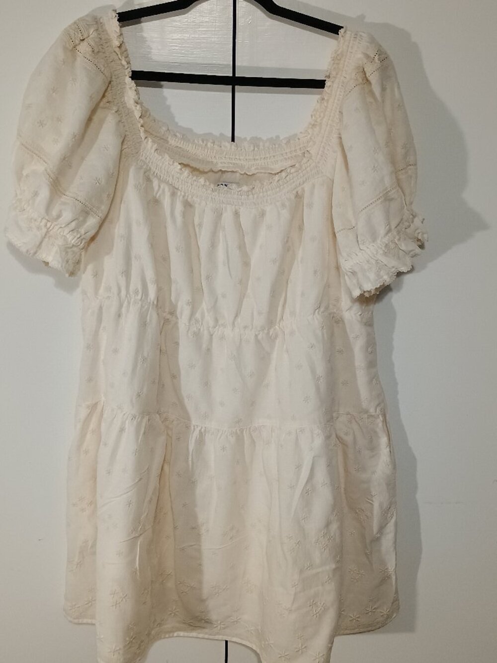Old Navy XL Ivory Off Shoulder Peasant Mini Dress Embroidered Puff Sleeve Boho - Picture 2 of 7